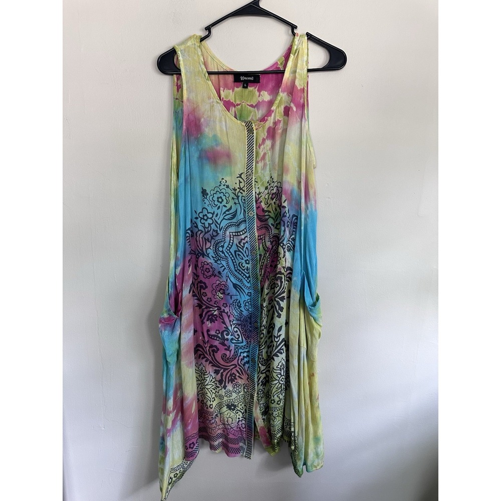 Unome Dress Womens LARGE Rainbow Tie Dye Boho Sleeveless Pockets Linen Natural